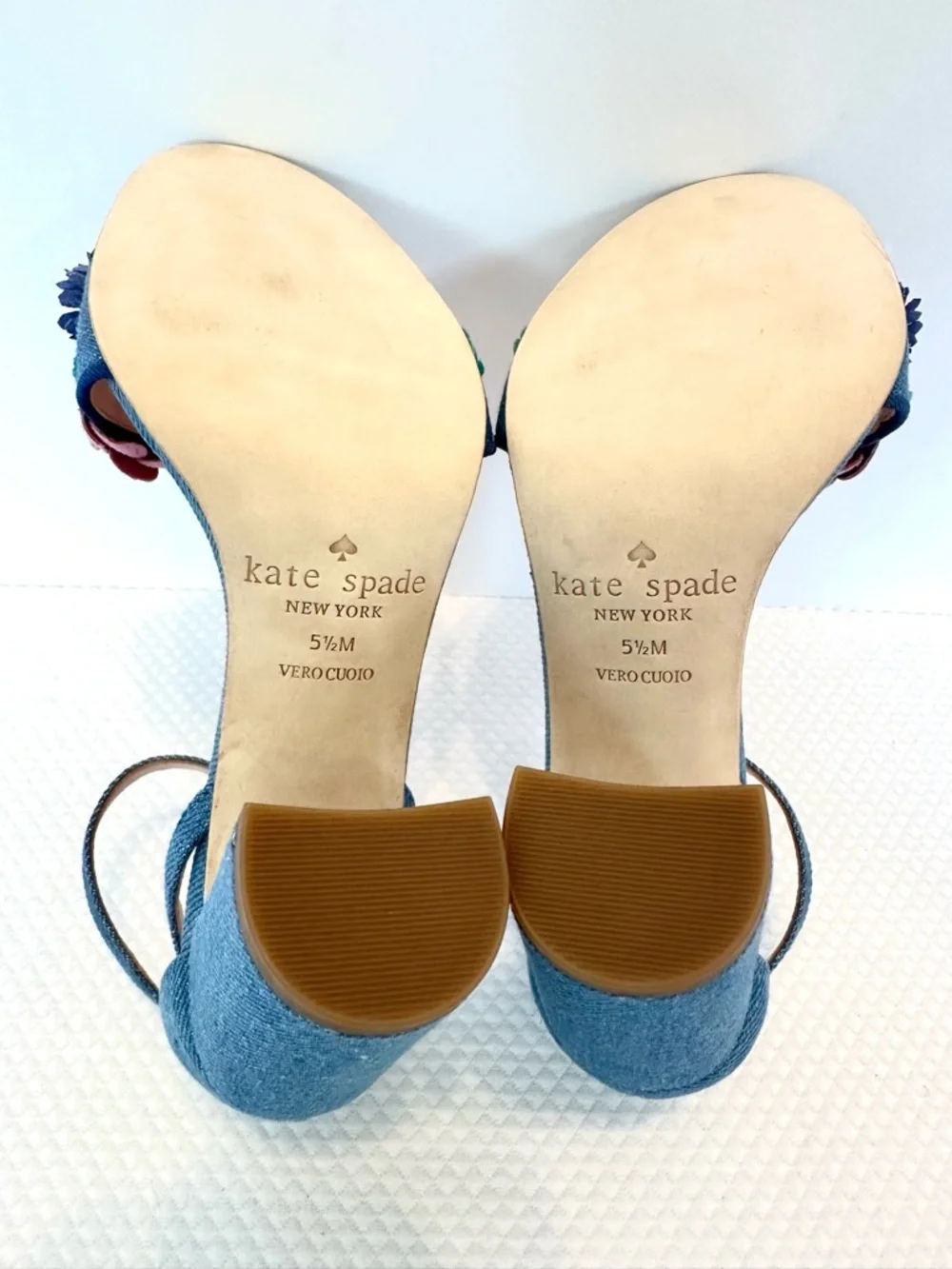 Kate Spade NY RARE Blue Denim Block Heel Sandals with Floral Appliqué Festive - Picture 6 of 10